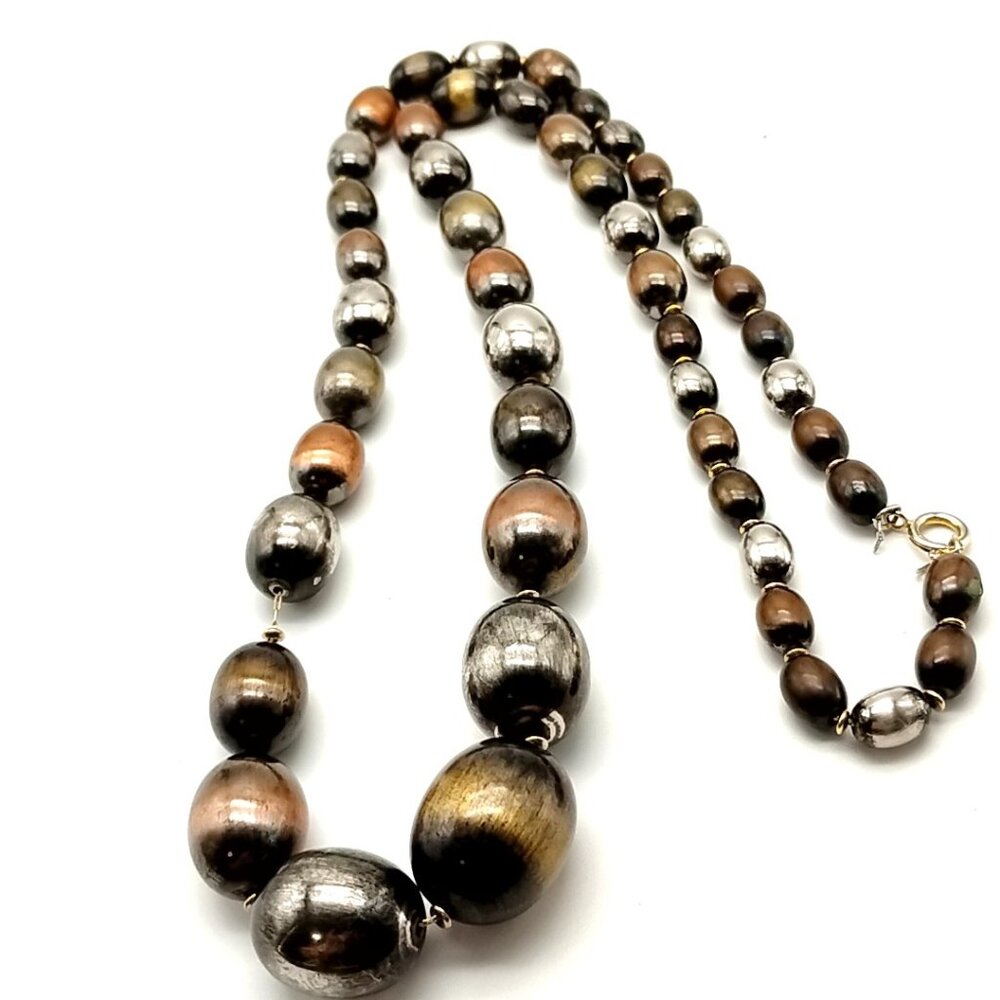 Vintage Metallic Beaded Necklace Bronze, Silver & Gunmetal Graduated Beads